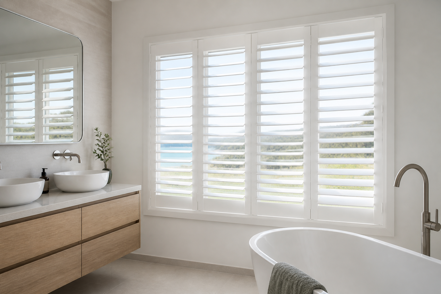 White PVC plantation shutters in a bright modern bathroom