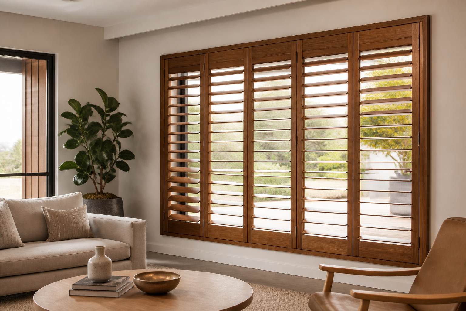 Natural wooden plantation shutters in a modern living room